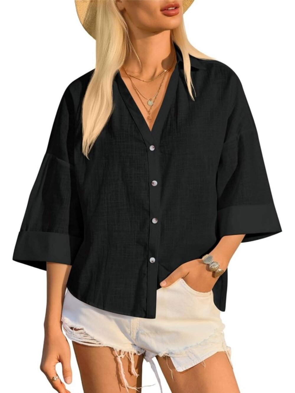 Chic Women's 3/4 Sleeve Striped V-Neck Summer Top with Button Detail
